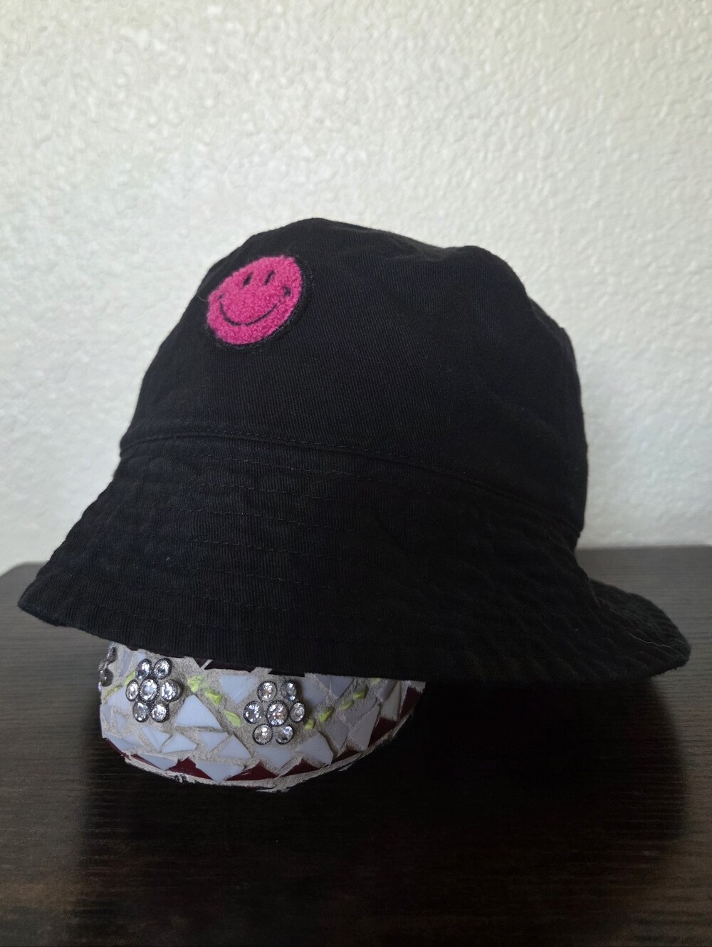 Black And Pink Smiley Face Embroidered Patch Bucket Hat